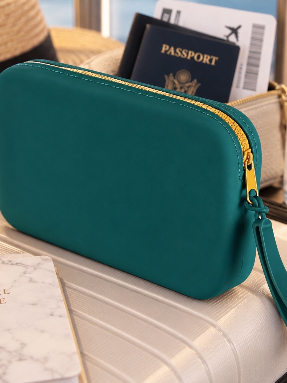 Teal Travel Wristlet Pouch with Gold Zipper